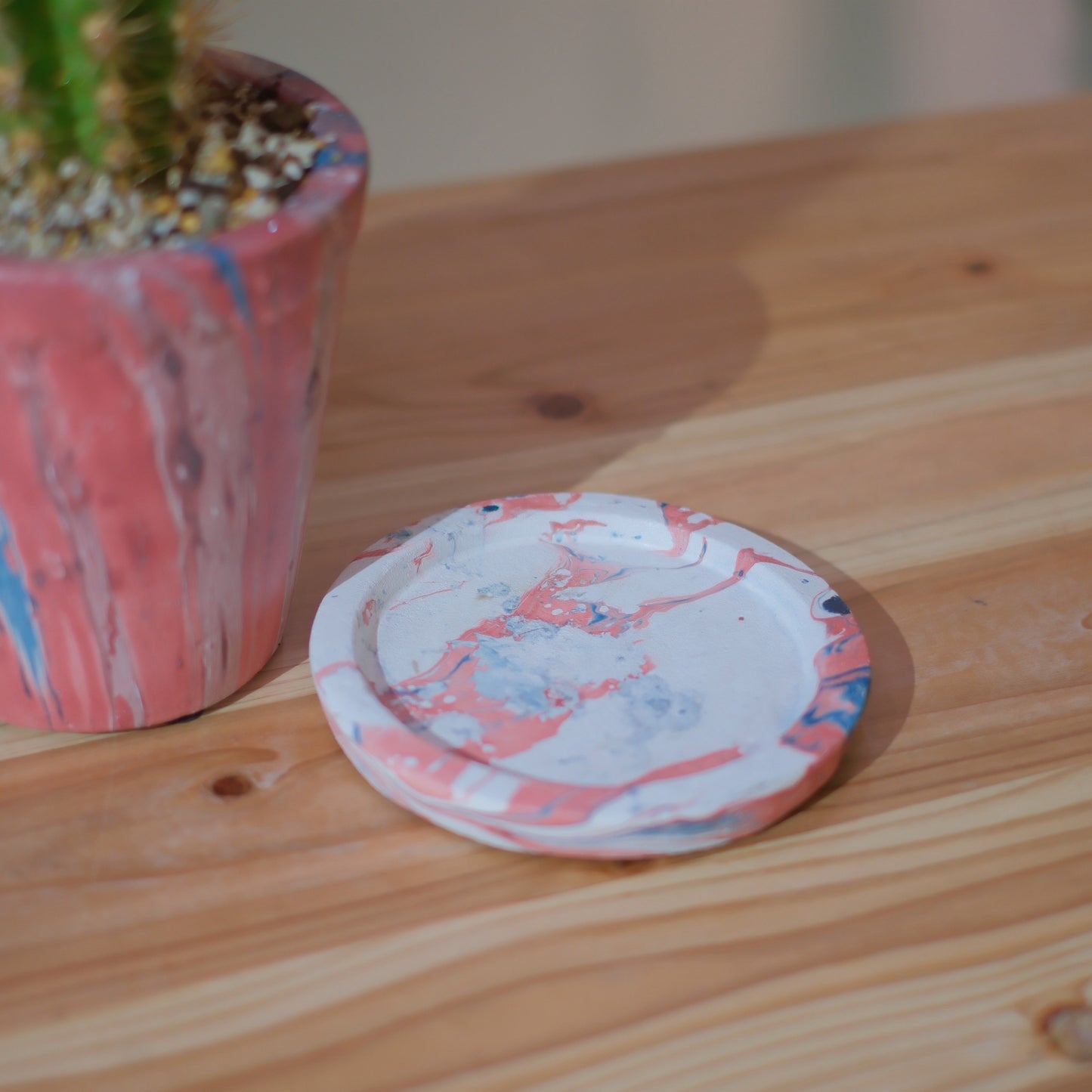 柱サボテン ライオン錦｜マーブルテラコッタ 赤×ブルー｜アンティーク加工・皿付き【GORI STORE TOKYO】